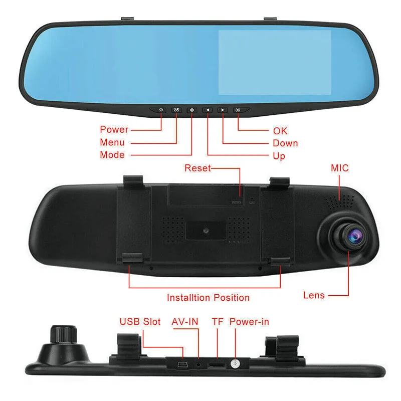 1080P Rear View Reversing Mirror | 4.3'' | Front And Rear DVR | Car Dash Camera | Dual Lens