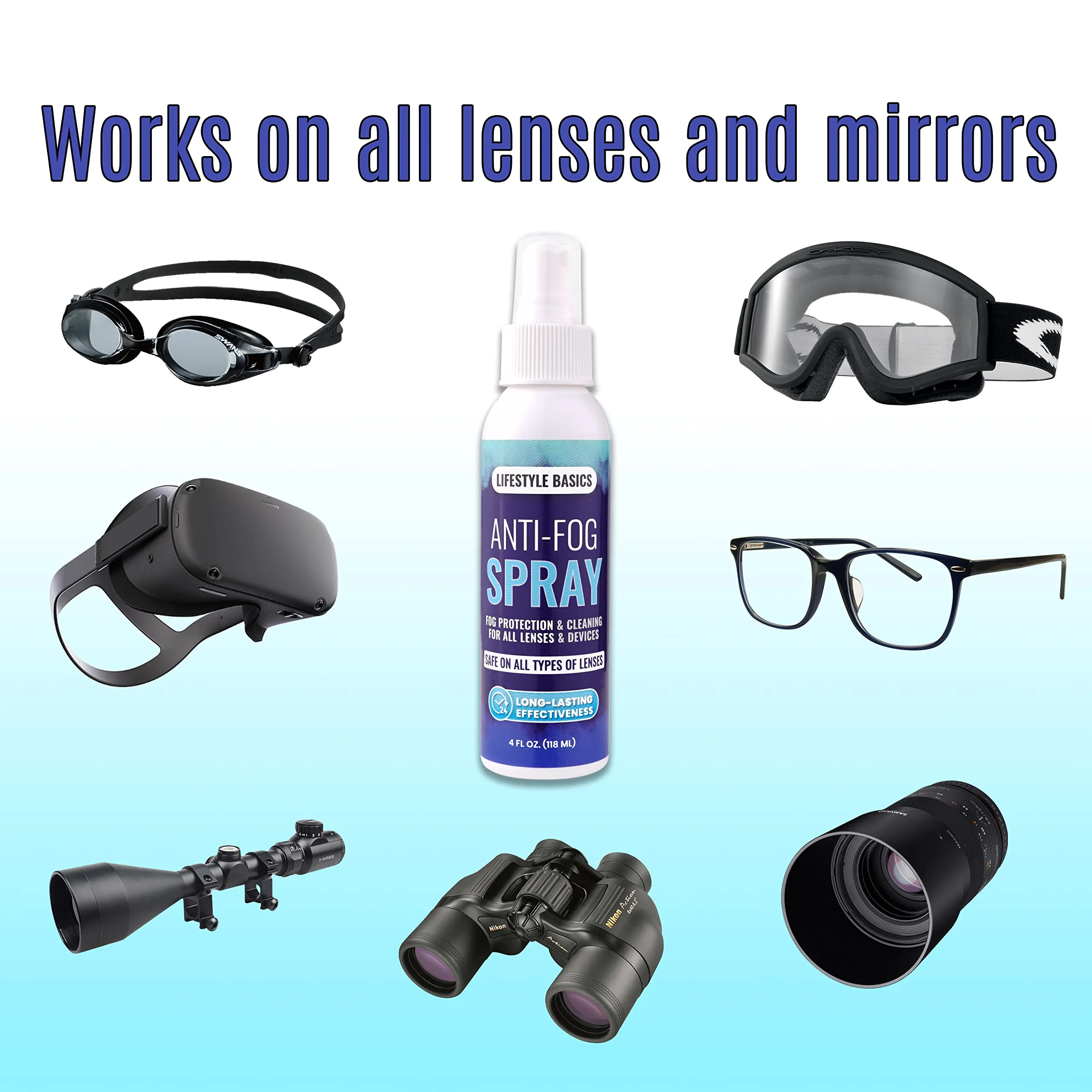 Anti Fog Spray Cleaner for Eye Glasses, Lenses, Mirrors - All-Surface Fog Prevention - Up to 24 Hrs Protection