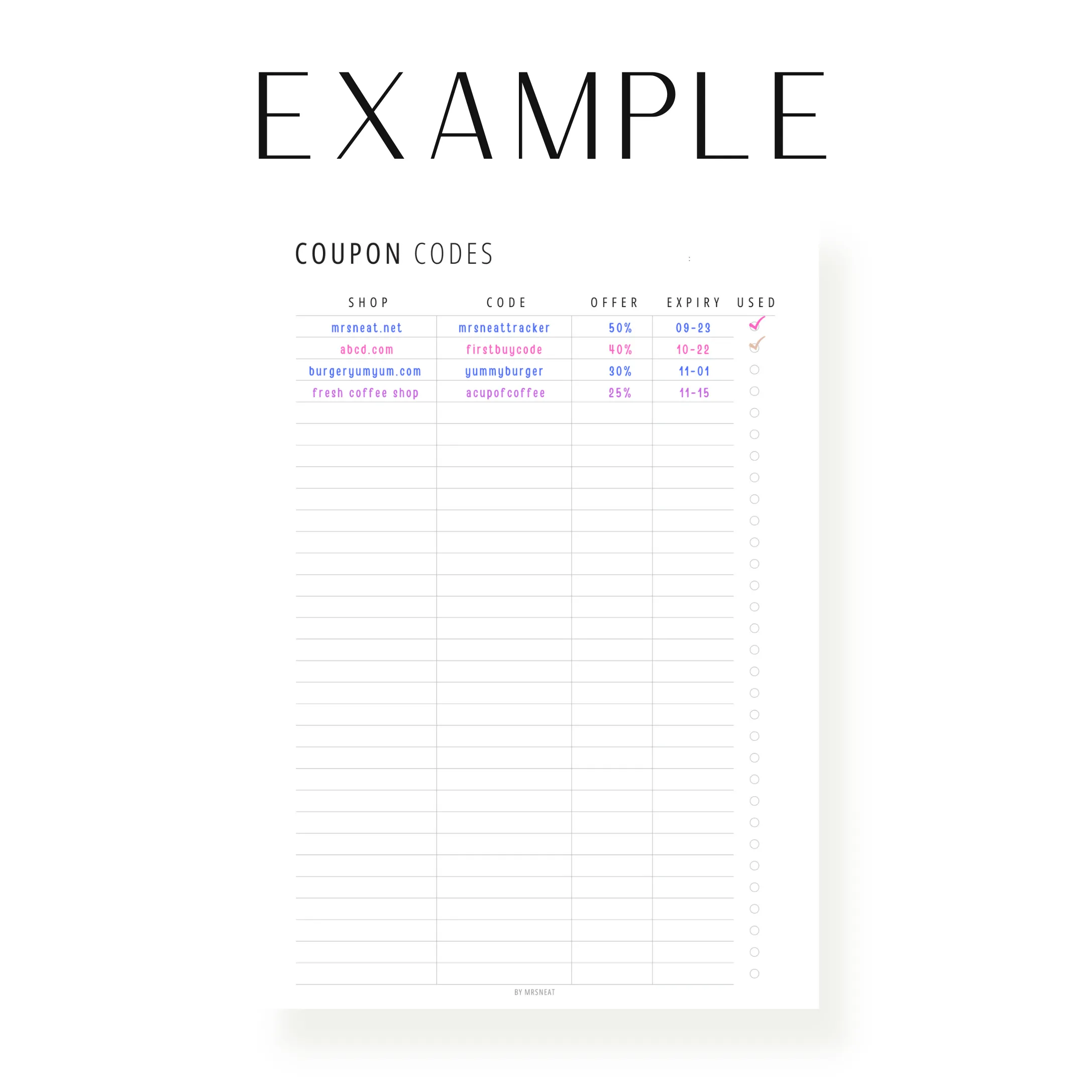Coupon Code Tracker Printable - M193