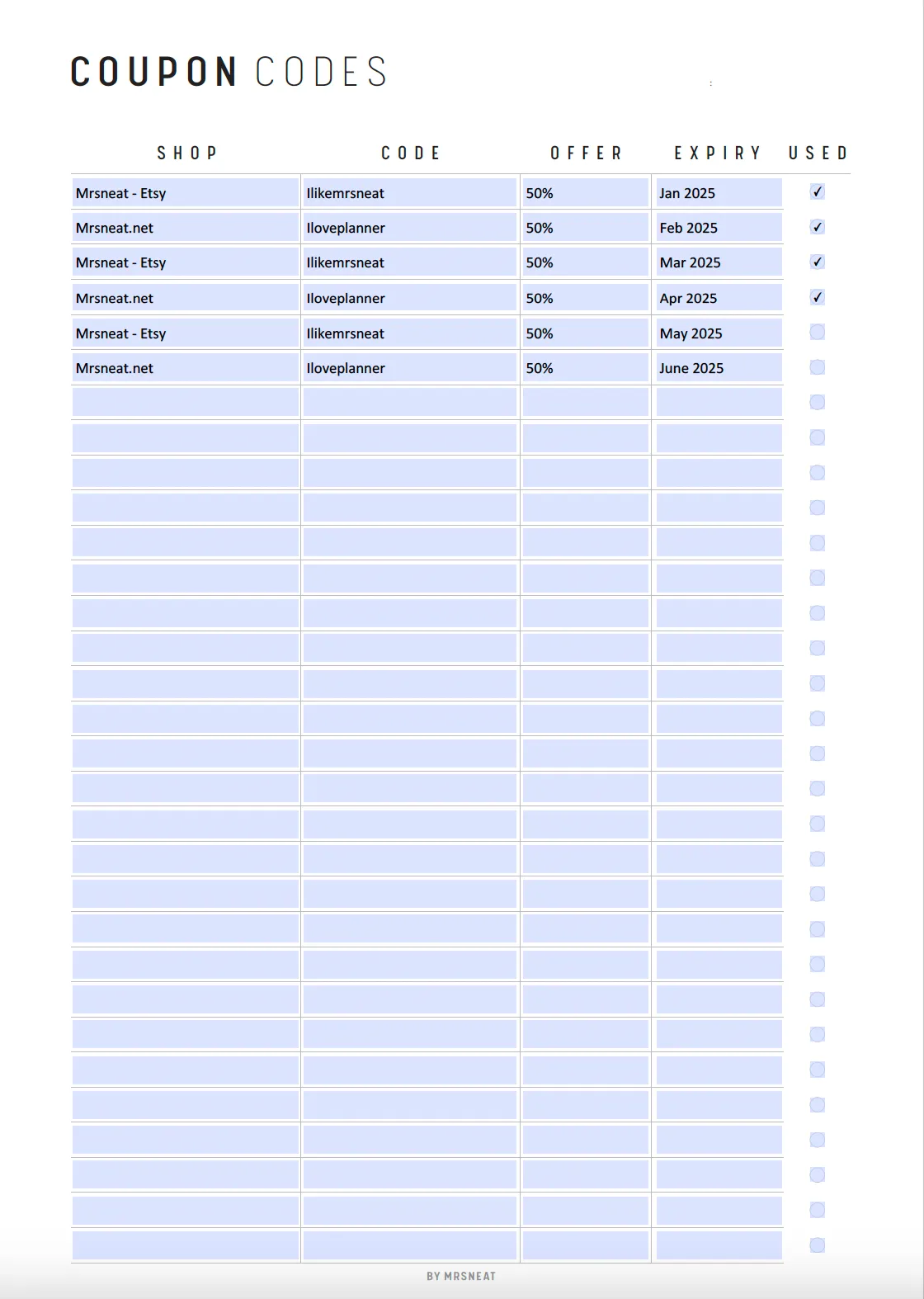 Coupon Code Tracker Printable - M193