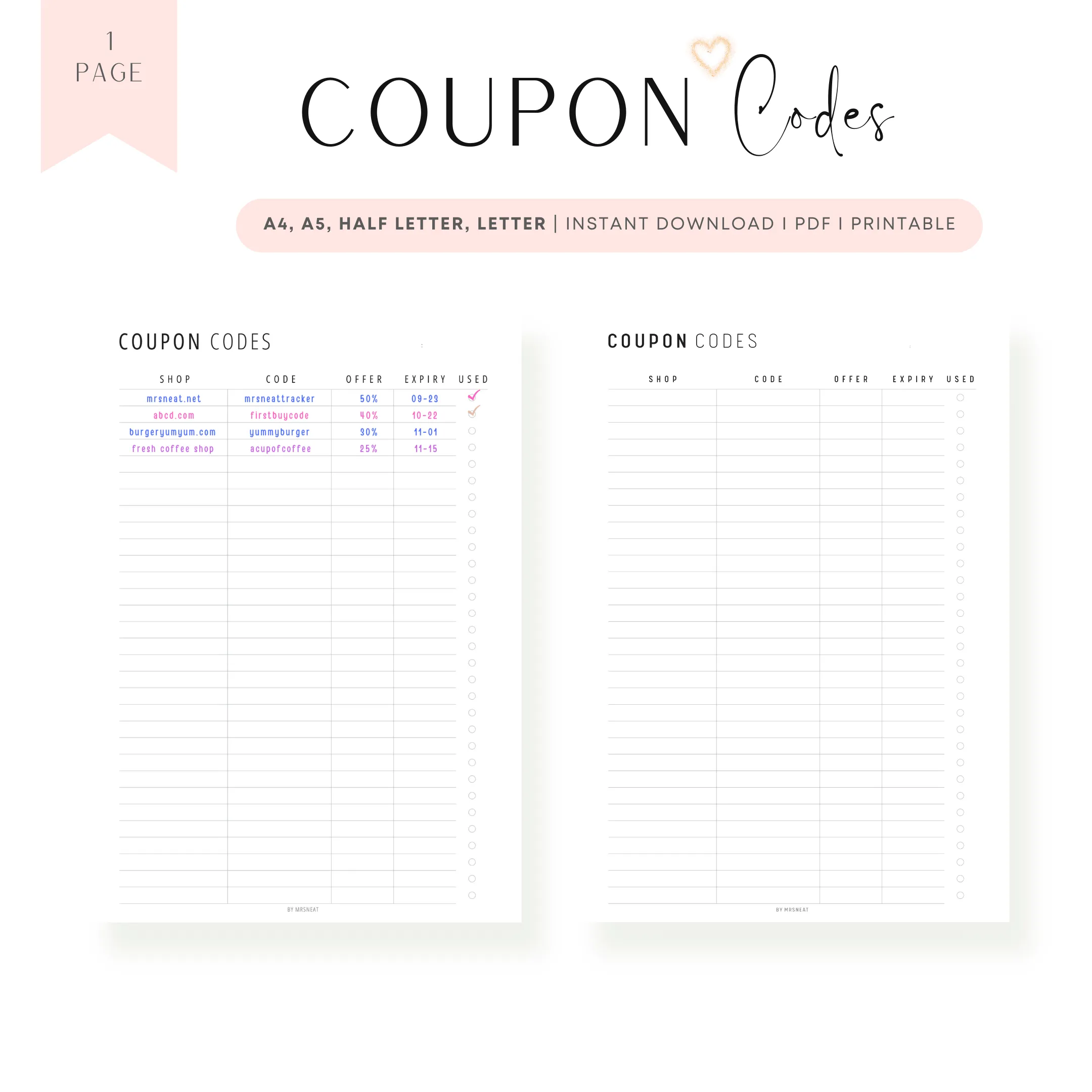 Coupon Code Tracker Printable - M193