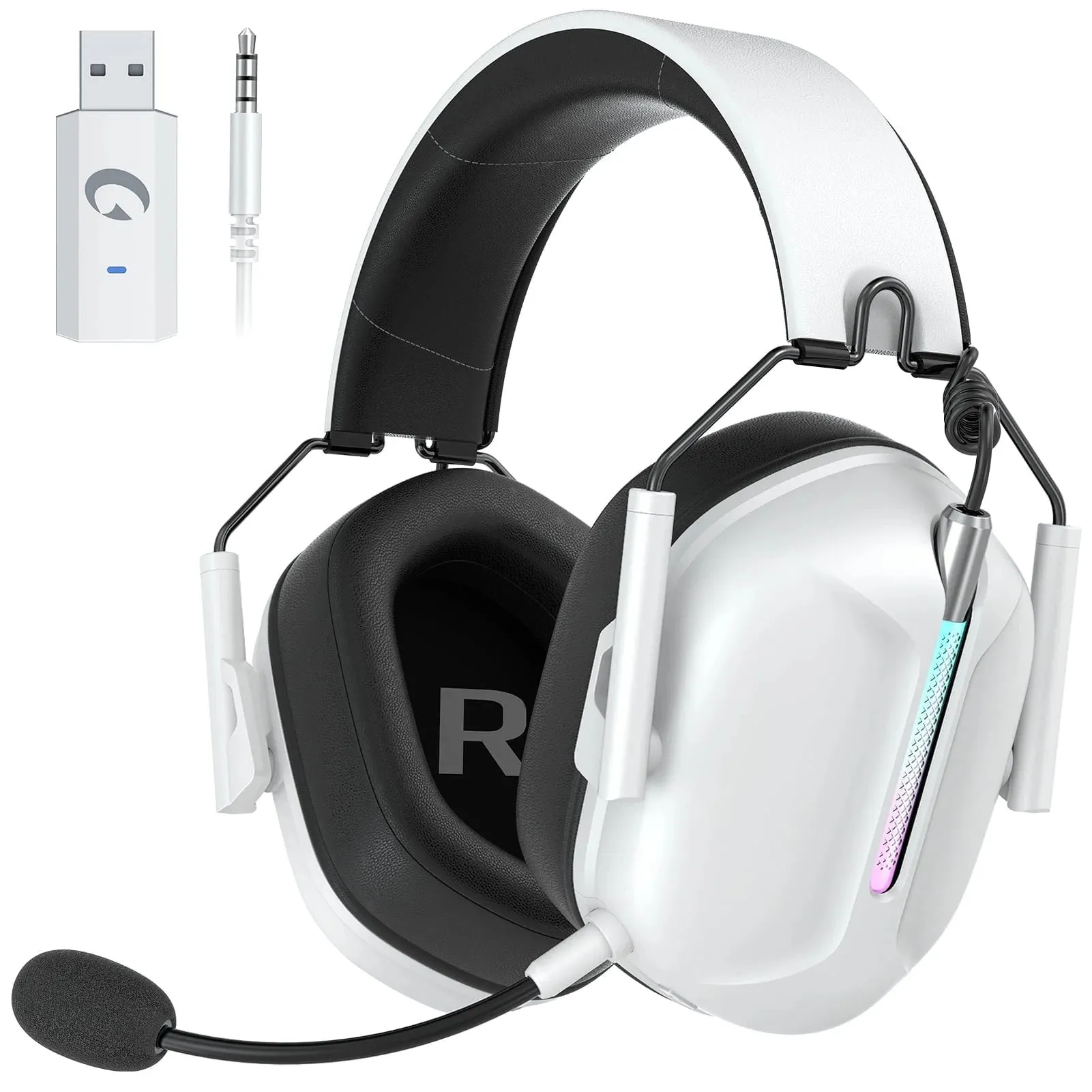 Ecomoment Wireless Gaming Headset for PS5 PS4 Nintendo Switch PC Mac, 2.4 GHz/Bluetooth 5.2 Gaming Headphones with Noise Cancelling Microphone 40  Hours Battery Life,3.5mm Wired for Xbox Series,White