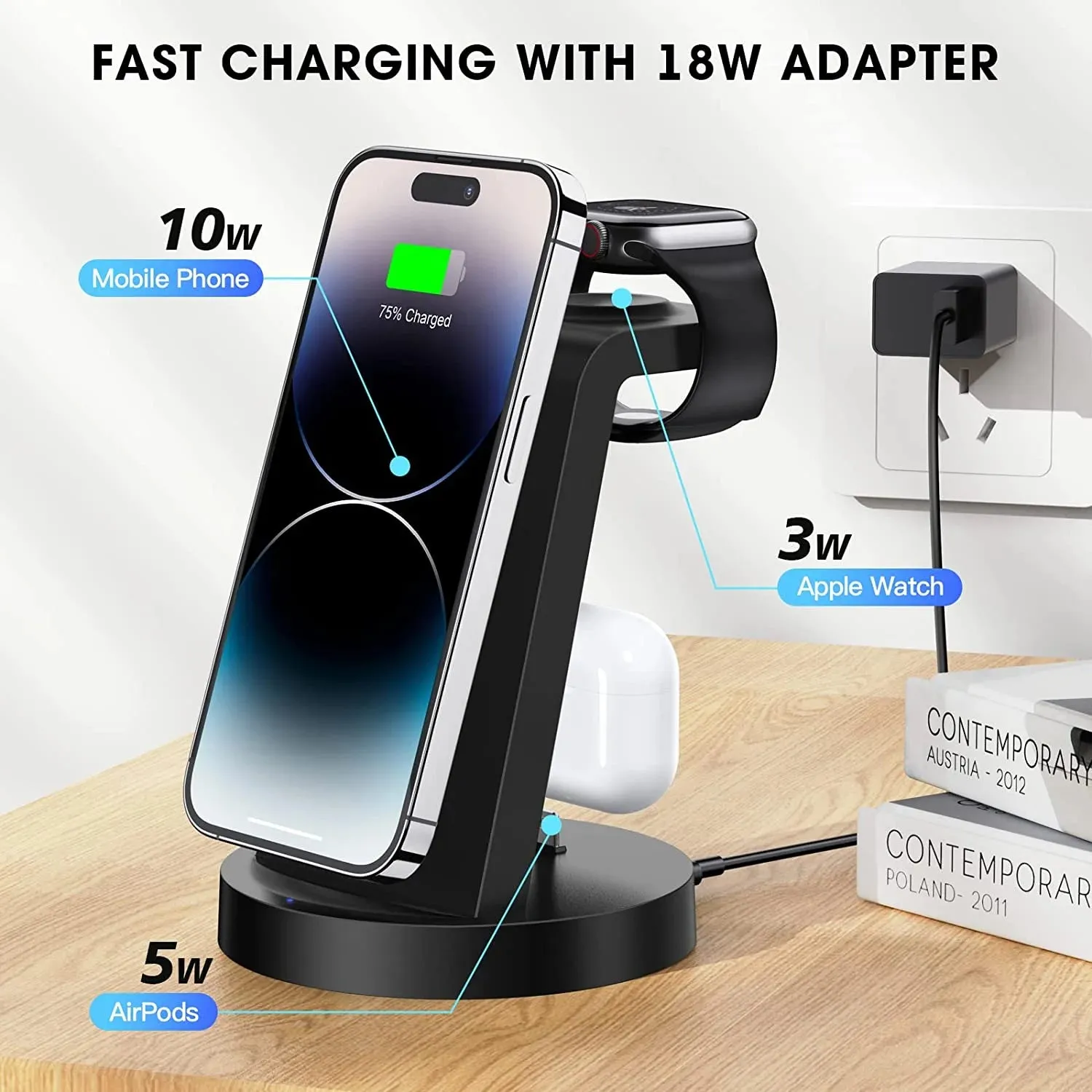 ETEPEHI 3 in 1 Charging Station for iPhone, Wireless Charger for iPhone 16 15 14 13 12 11 X Pro Max & for Apple Watch - Charging Dock for AirPods