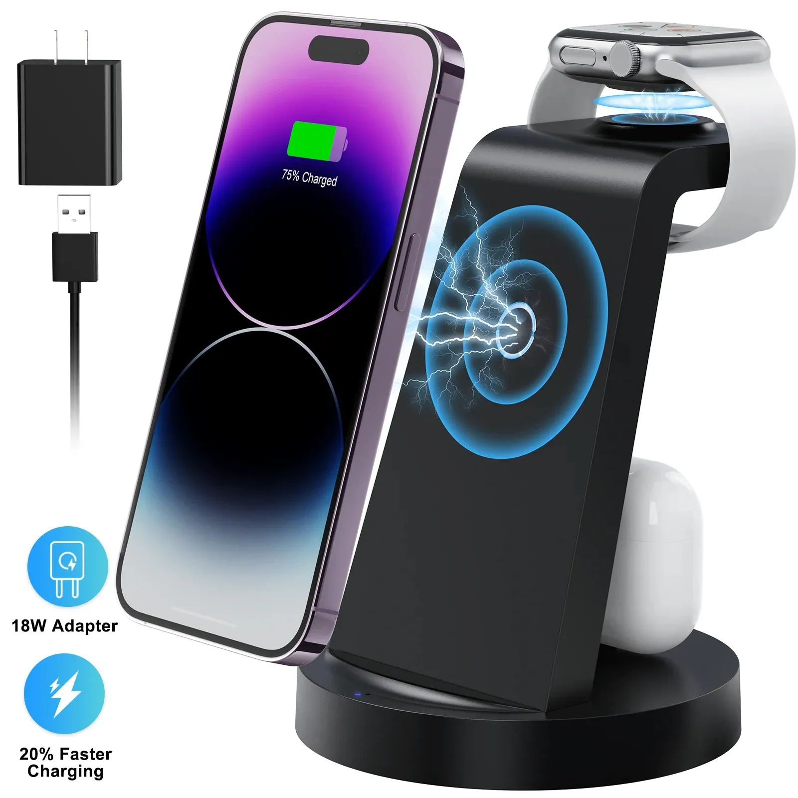 ETEPEHI 3 in 1 Charging Station for iPhone, Wireless Charger for iPhone 16 15 14 13 12 11 X Pro Max & for Apple Watch - Charging Dock for AirPods