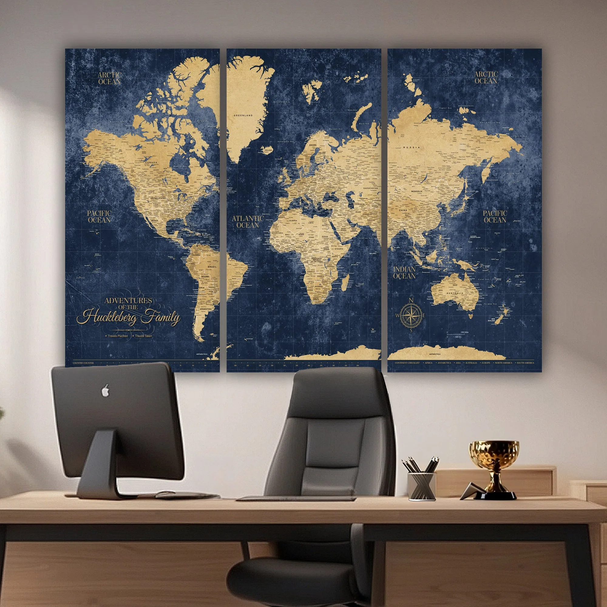 Gold & Navy Textured World Push Pin Map - 3 Panels