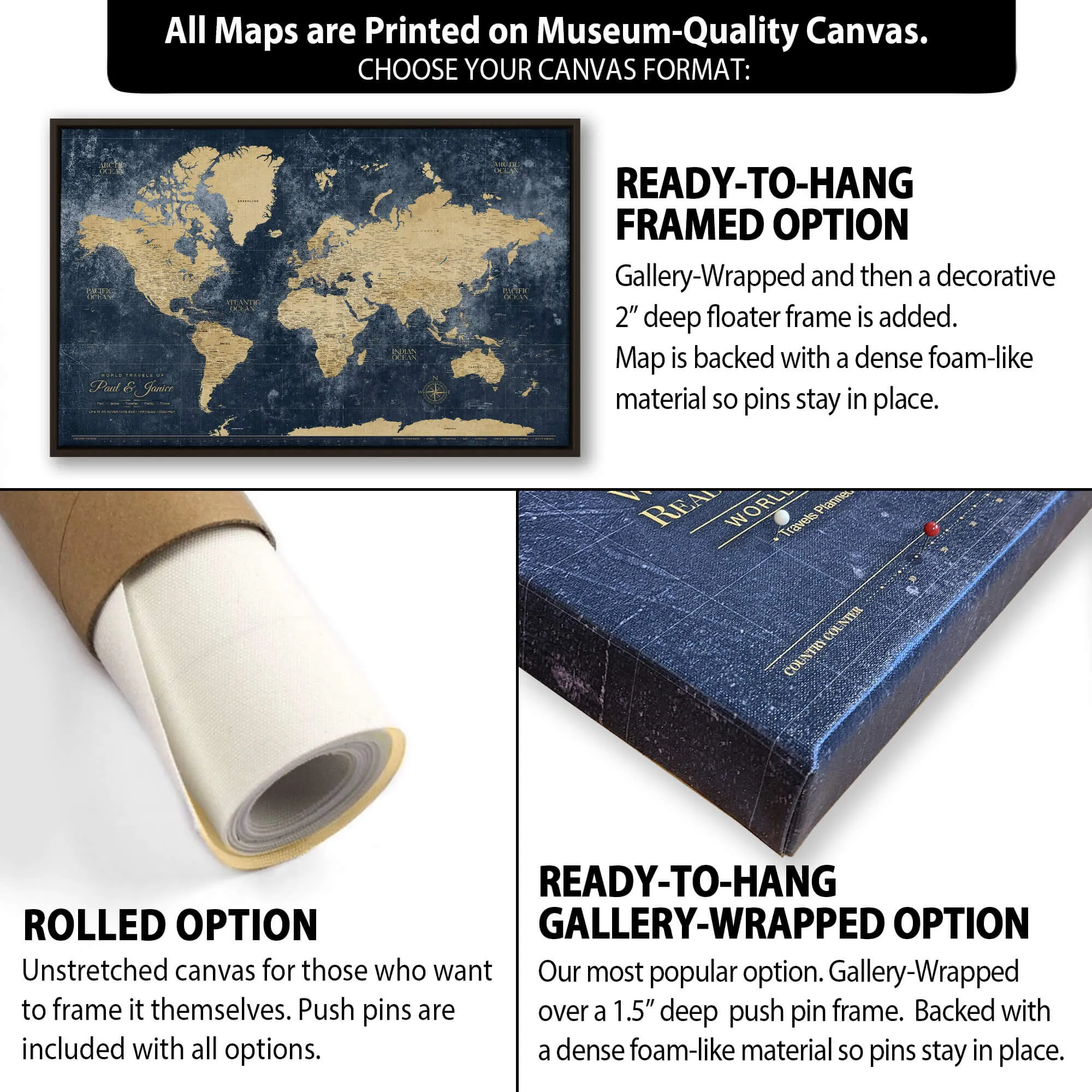 Gold & Navy Textured World Push Pin Map