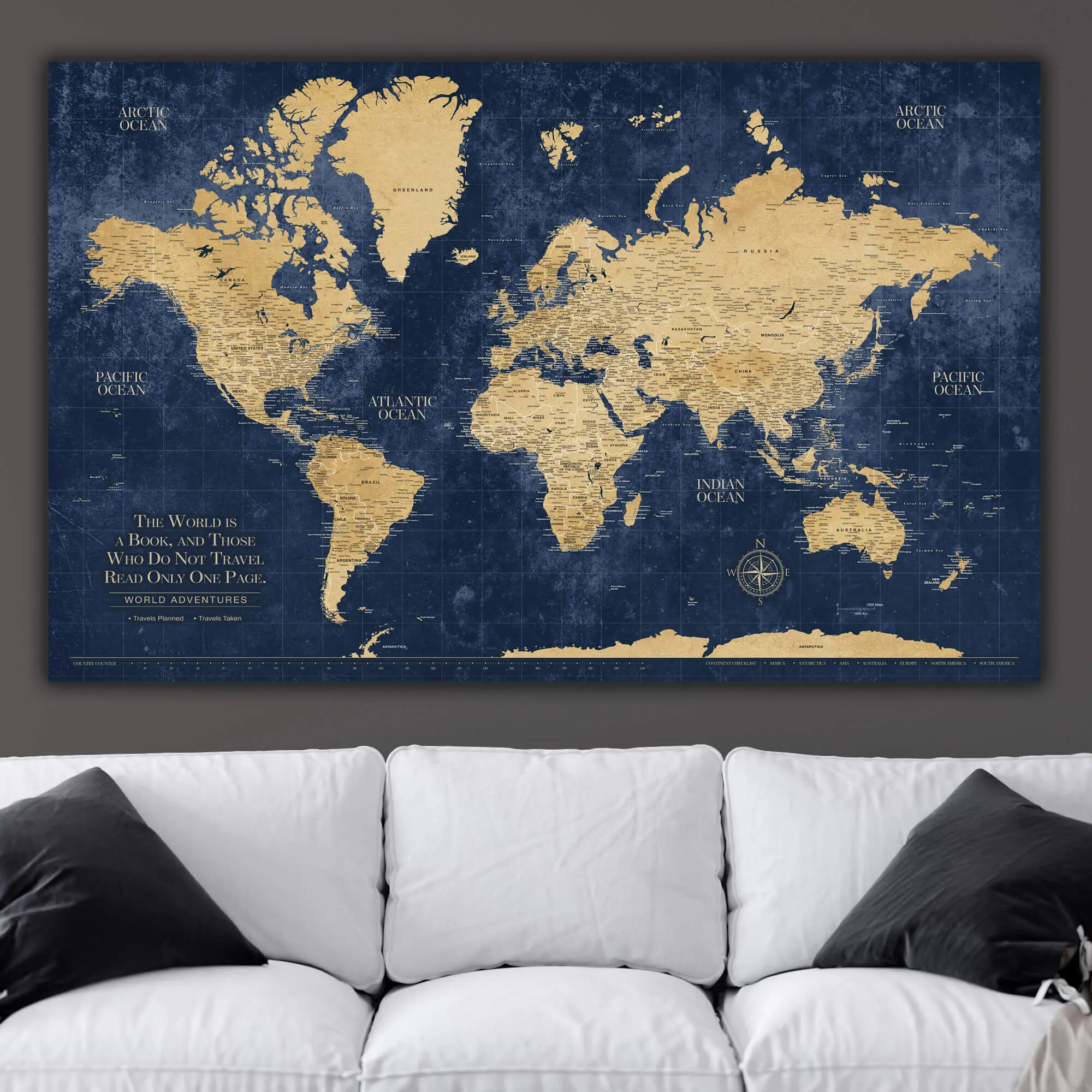 Gold & Navy Textured World Push Pin Map