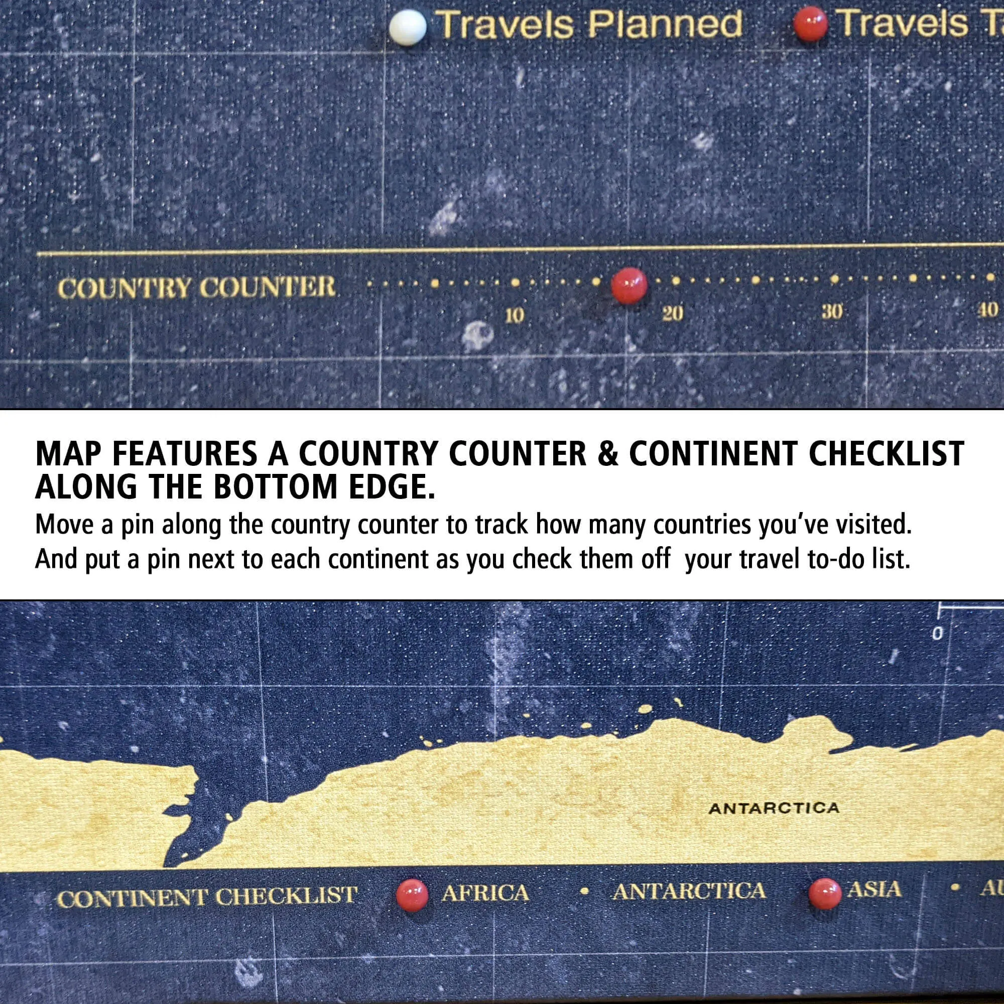 Gold & Navy Textured World Push Pin Map