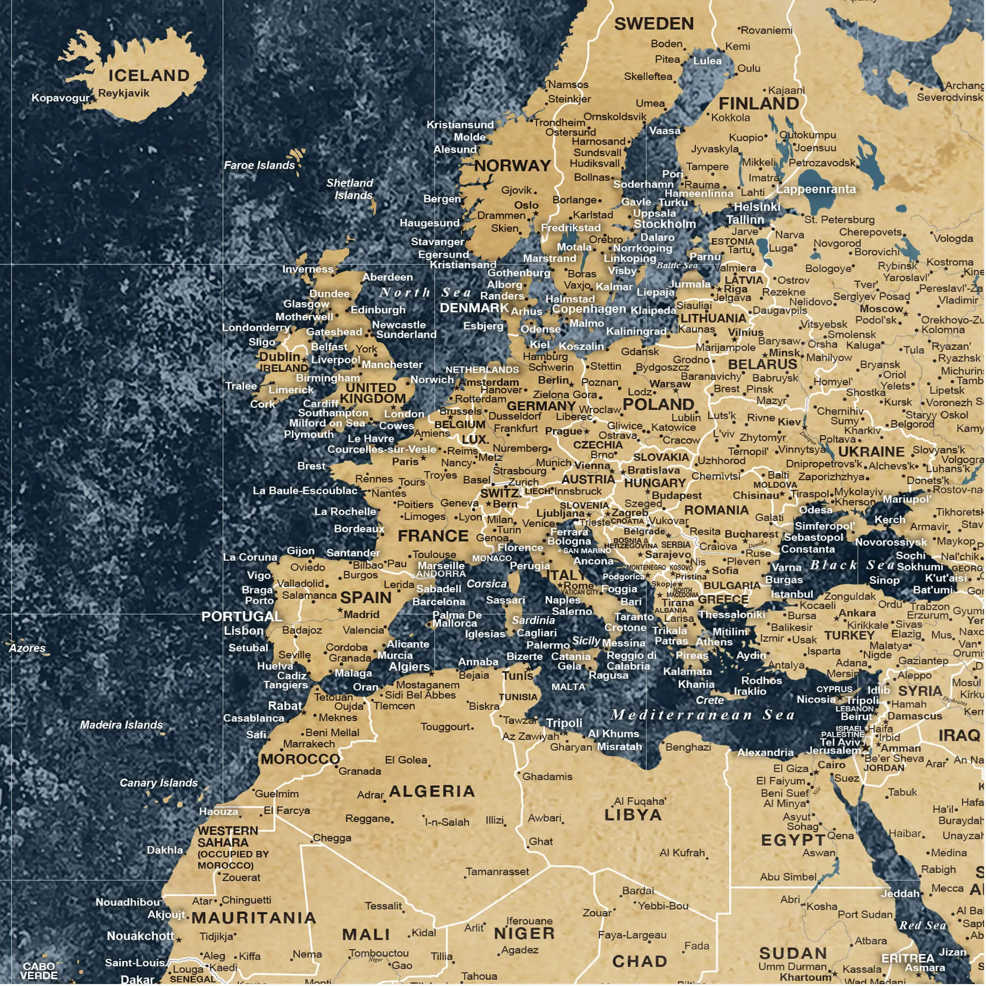 Gold & Navy Textured World Push Pin Map