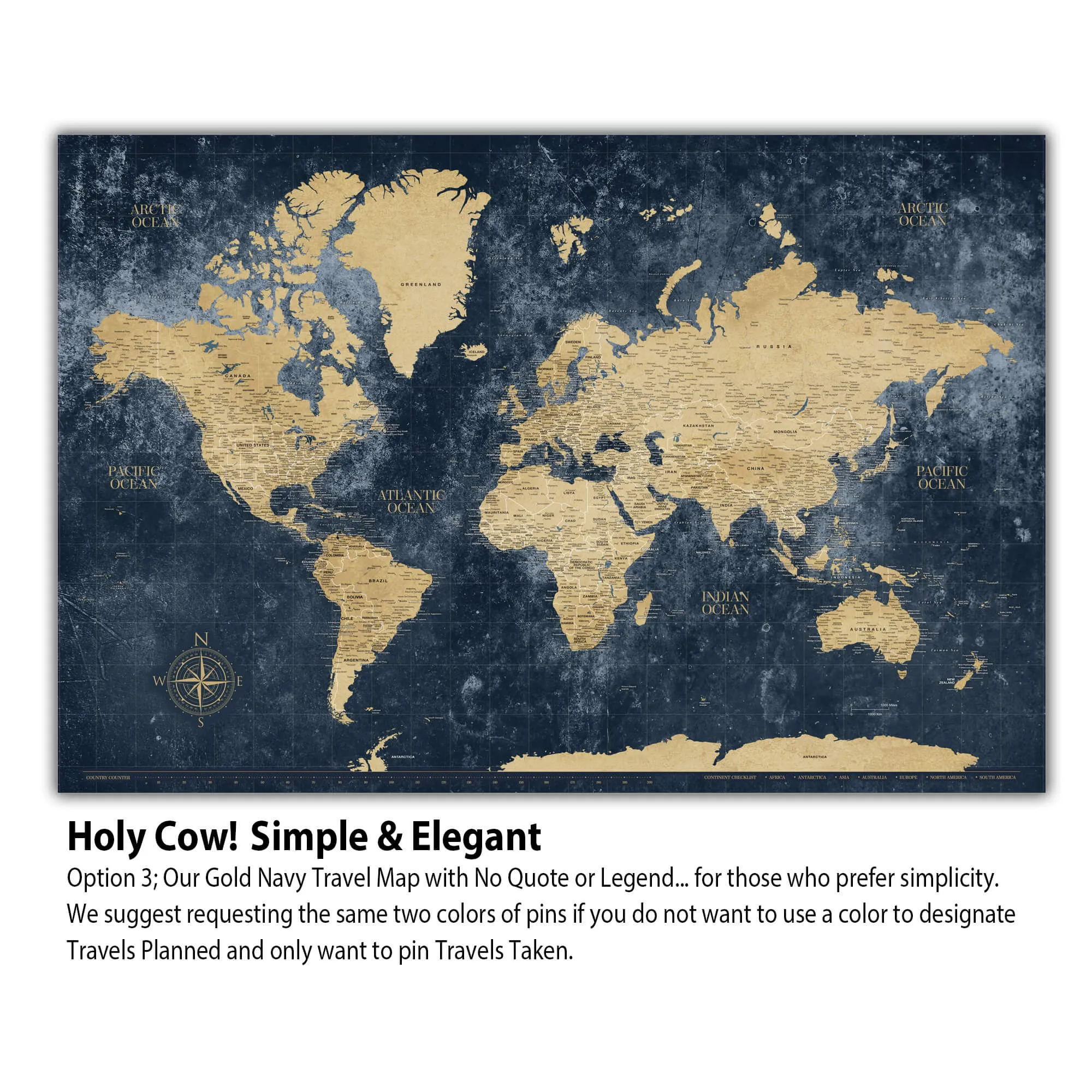 Gold & Navy Textured World Push Pin Map