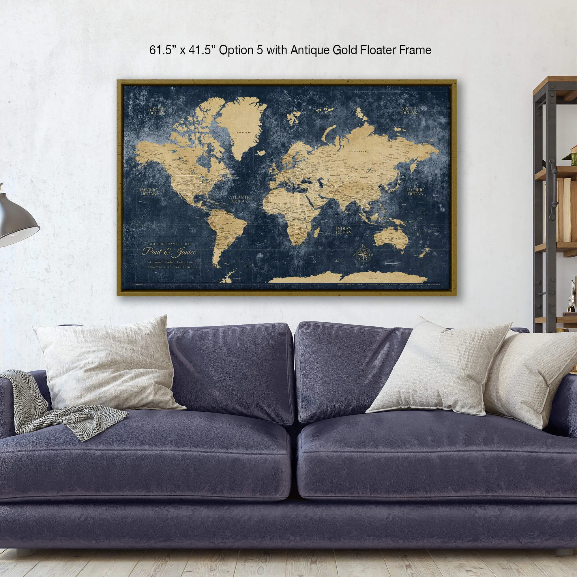 Gold & Navy Textured World Push Pin Map