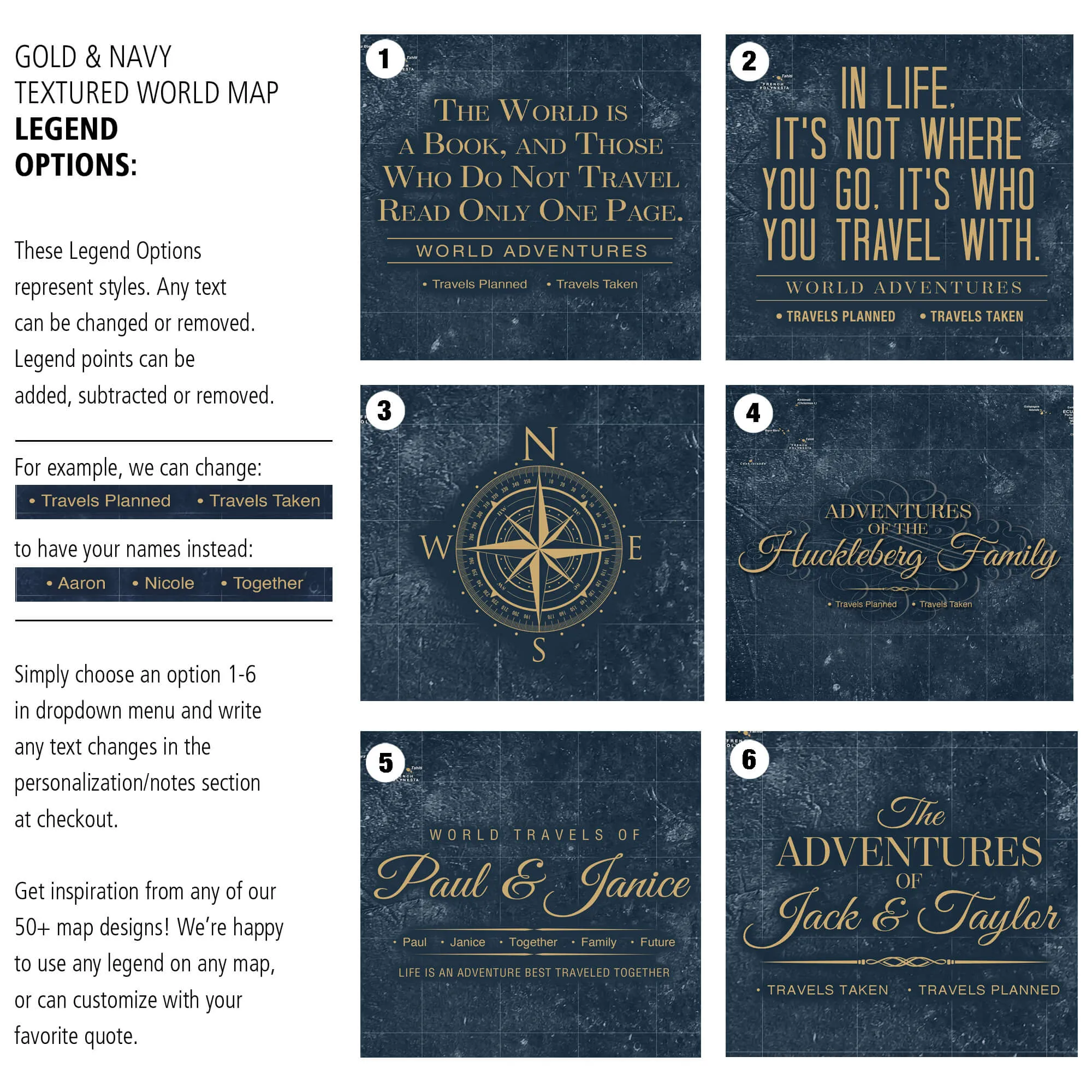 Gold & Navy Textured World Push Pin Map