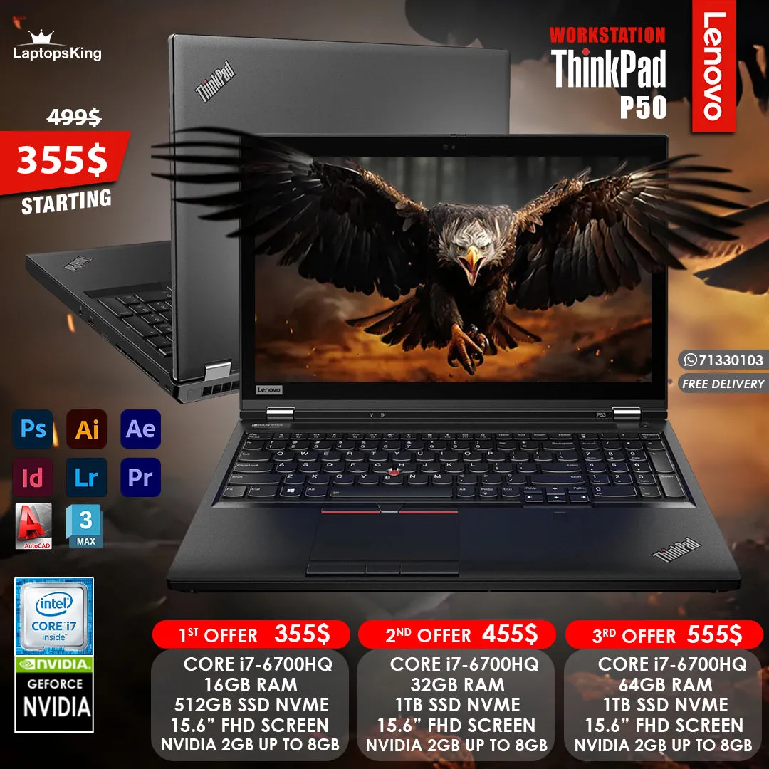 Lenovo Thinkpad P50 Core i7-6700HQ NVIDIA 2GB 15.6" Workstation Laptops (Open Box)