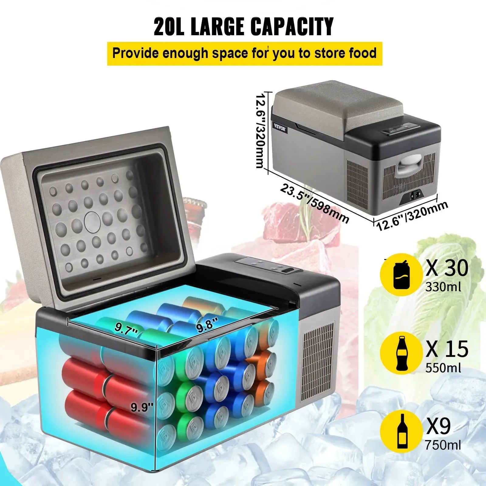 VEVOR Car Refrigerator 20L Compressor Portable Small Refrigerator Freezer Mini Electric Cooler for Driving Travel Fishing Outdoo