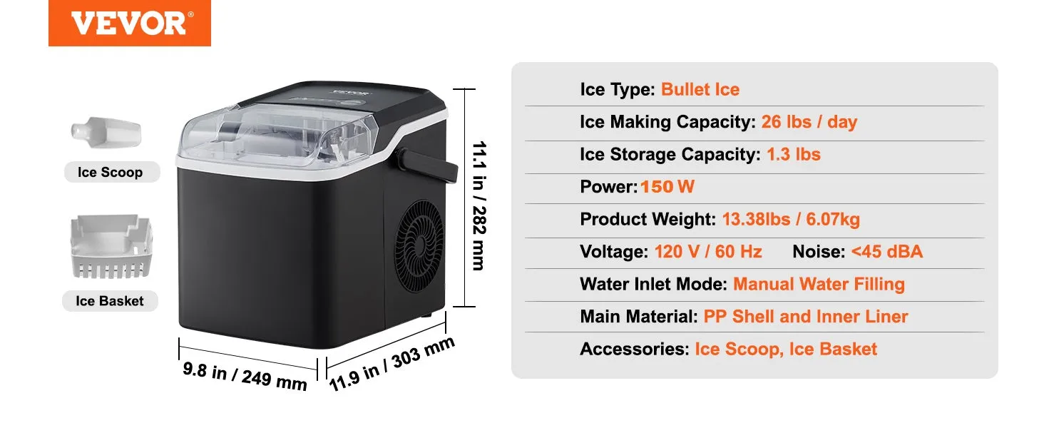 VEVOR Countertop Ice Maker, Self-Cleaning Portable Ice Maker with Ice Scoop and Basket, Ice Machine with 2 Sizes Bullet Ice