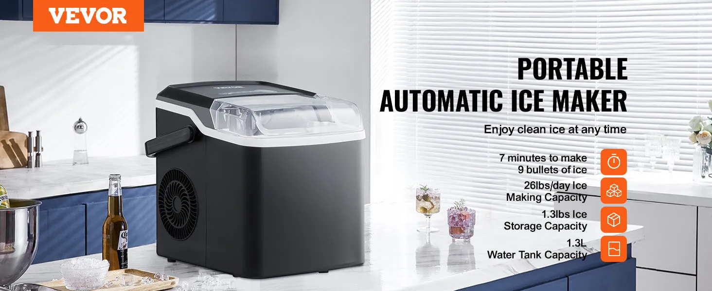 VEVOR Countertop Ice Maker, Self-Cleaning Portable Ice Maker with Ice Scoop and Basket, Ice Machine with 2 Sizes Bullet Ice