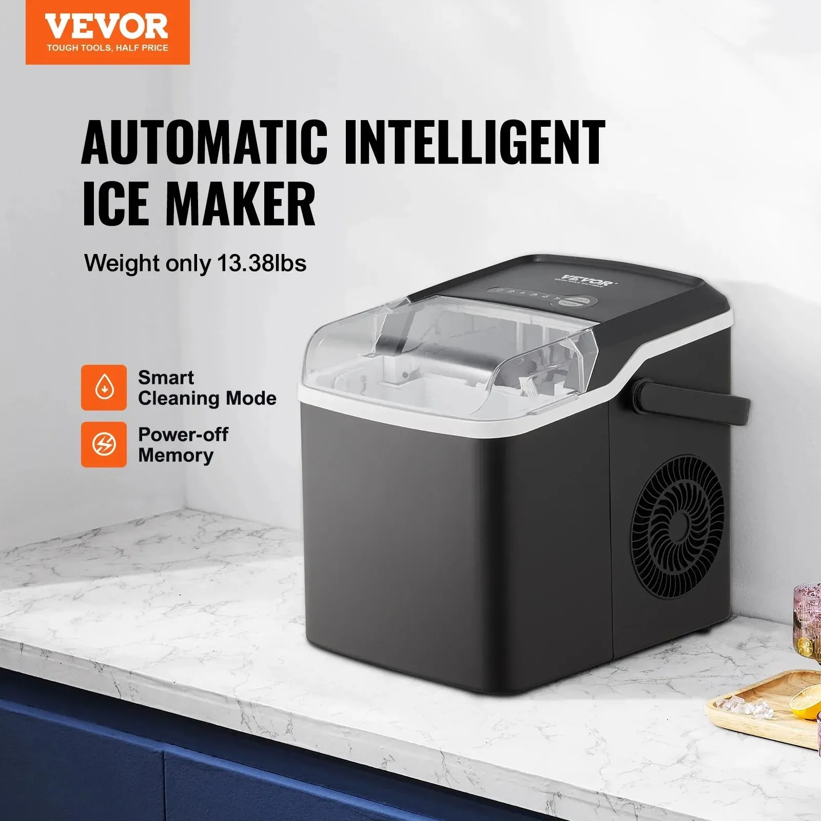 VEVOR Countertop Ice Maker, Self-Cleaning Portable Ice Maker with Ice Scoop and Basket, Ice Machine with 2 Sizes Bullet Ice