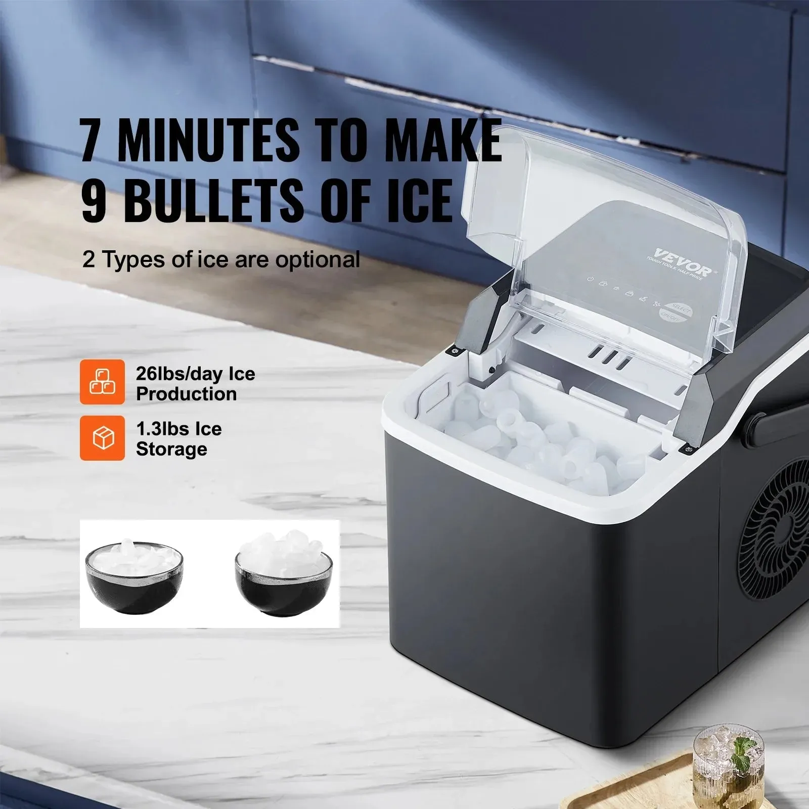 VEVOR Countertop Ice Maker, Self-Cleaning Portable Ice Maker with Ice Scoop and Basket, Ice Machine with 2 Sizes Bullet Ice