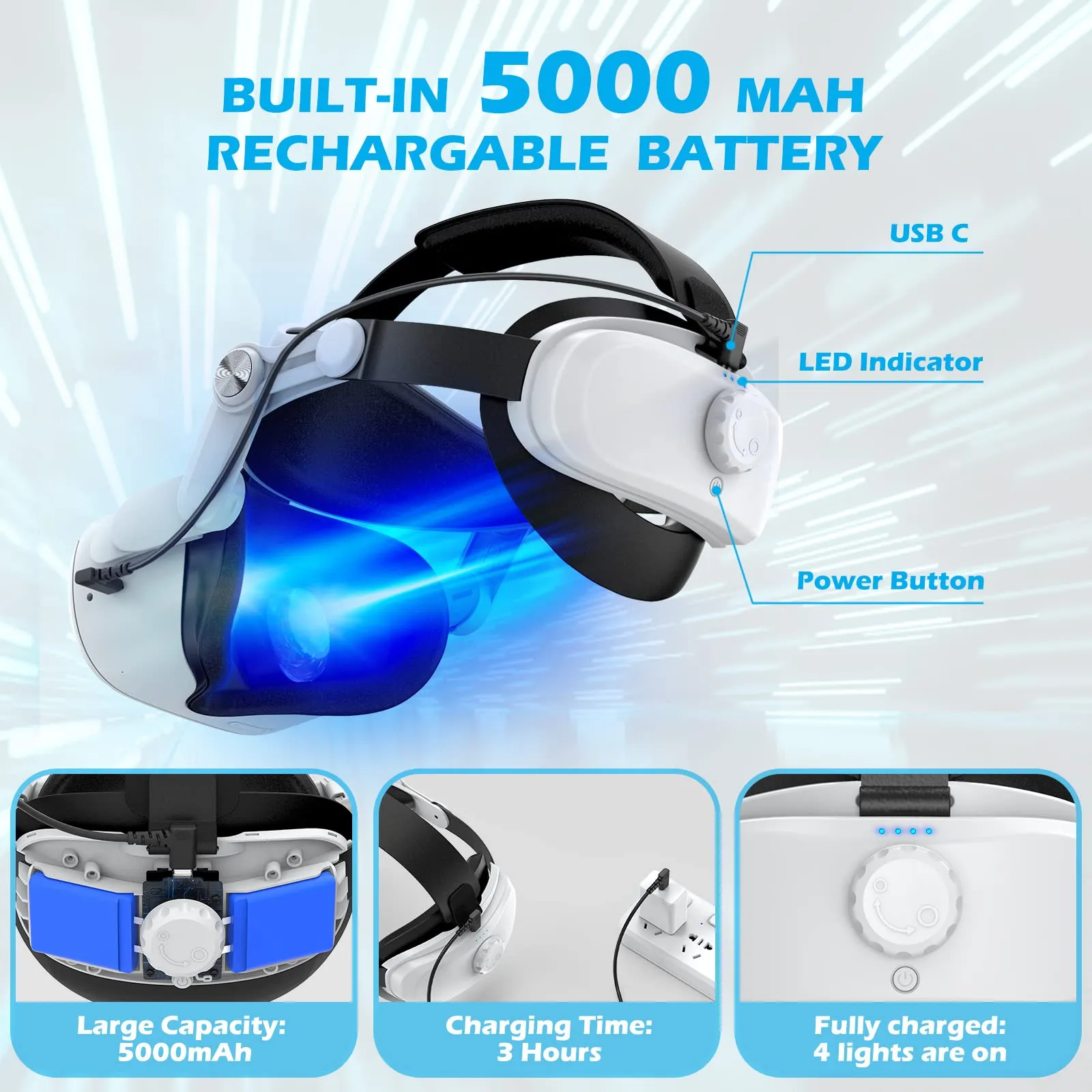 YOGES VR Y2 5000mAh Rechargeable Battery Head Strap for Meta Quest 2